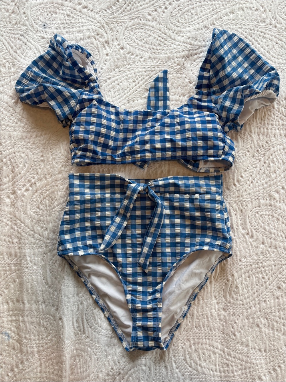Gianni Bini Blue and White Gingham High Rise Puff Sleeve Bikini Swimsuit Size M - Picture 2 of 12